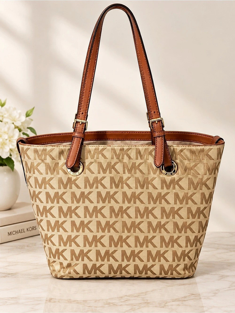 Michael Kors Jet Set Travel Large Logo Tote Bag Brown & Beige